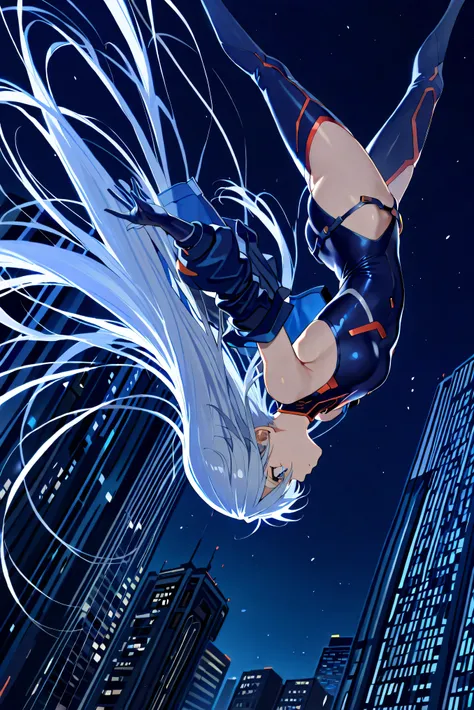 masterpiece, high resolution, an anime girl, armored girl, cute face, detailed face, very long hair, white hair, blue eyes, from below, low angle, from side, profile, skydiving, upside-down, dynamic angle, dynamic action, ((falling down a skyscraper)), fly...