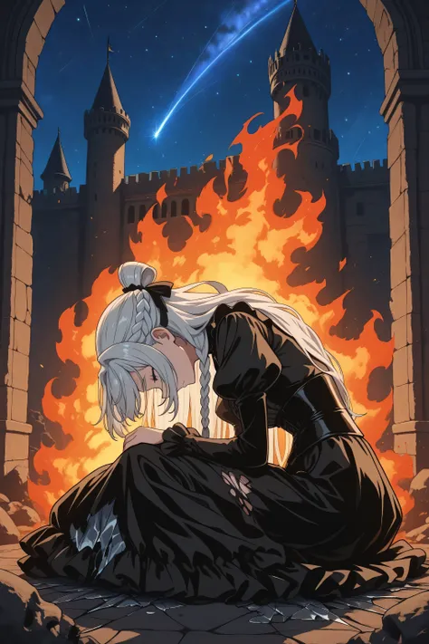 1 person,masterpiece、top quality、anime style,,HIGH DEFINITION,masterpiece,8k,,anime style,loves feminine, Doomsday Aristocrat,Aristocrat's Older Sister,Anime Style,womanhood,beautiful,Sadness,sheds tears,braids,half up,long hair, Silver Hair,clothes are t...