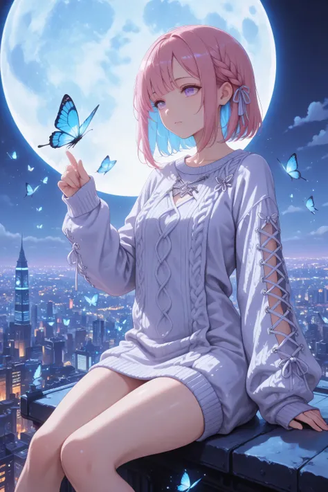 woman sits on the huge blue full moon, with the night view of a busy city below and many colorful butterflies flying around, glowing white, fantasy worldview, pink hair, short bob, blue inner hair, blue small braid on left side, right side bangs slightly l...