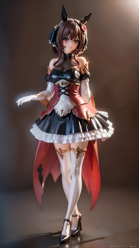 a digital painting of a very glamorous lady in costume, wearing high heels, 1girl, solo, animal ears, horse ears, horse girl, brown hair, horse tail, gloves, white background, tail, simple background, official alternate costume, thighhighs, high heels,