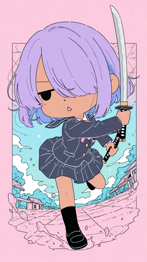 holding katana,action pose, dynamic pose, Dynamic action, dynamic angles, dynamic perspective, jitome,triangle mouth,solo,flat color,flat art,denkistyl3,1 girl,chibi,detailed facial features,,whimsical expression,dynamic pose,vibrant colors,pastel palette,...