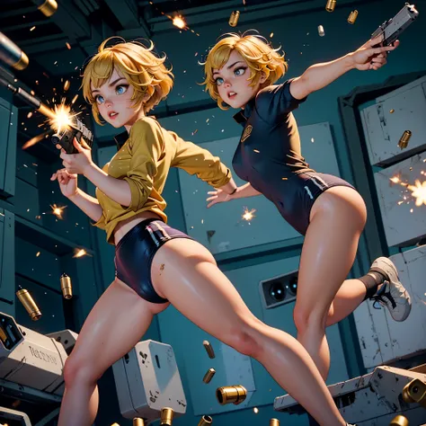 (yellow hair, blue eyes, ) 1girl,red shirt, black gymnastics bloomers,high leg,self wedgie,,  Jude Smith, Eddy Shinjuku, (((firing, bullet, gun,light particles))), running, highly detailed, high budget Hollywood film, text