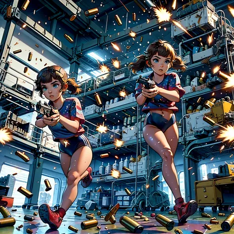  (yellow hair, blue eyes, blunt bangs, twintails) red shirt, black gymnastics bloomers,high leg,self wedgie,,  Jude Smith, Eddy Shinjuku, (((firing, bullet, gun,light particles))), running, highly detailed, high budget Hollywood film, text