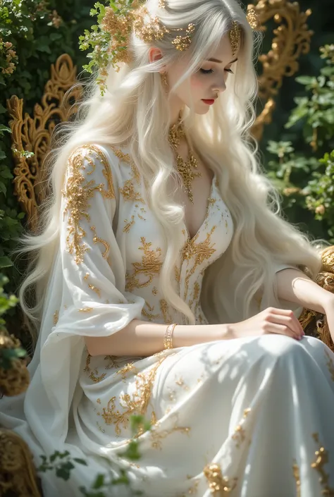 a woman with long, flowing white hair and a serene expression. She is adorned in an elegant, ethereal gown that is predominantly white with intricate gold patterns. The gown is complemented by a delicate, ornate headpiece that matches the overall theme of ...