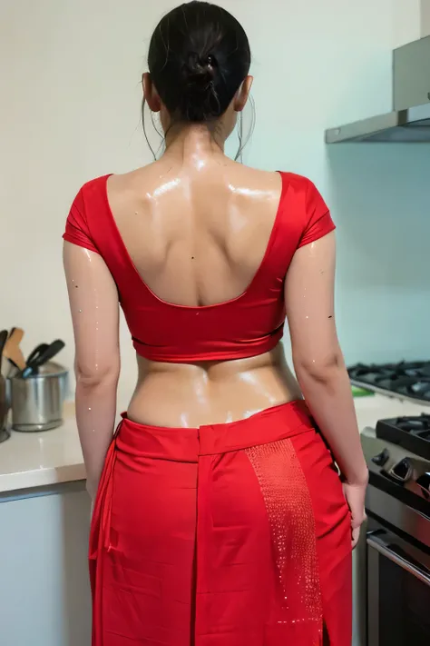 A mature Indian woman, extremely chubby figure, fatty woman, gigantic breasts, inside a kitchen, standing infront of a kitchen gas stove, cooking on the gas stove, cooking curry, a pan on the gas stove, modern kitchen interior, professional lighting, gradi...
