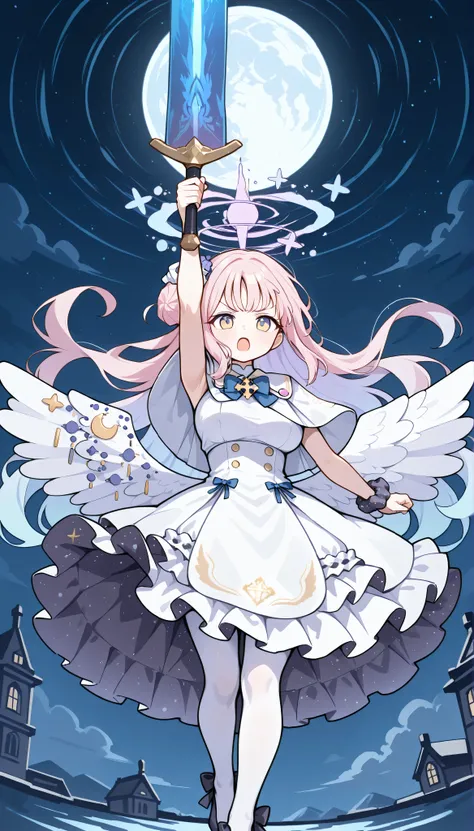 mika (blue archive),yellow eyes,single hair bun,pink hair,long hair,wings,halo,large breasts,white dress,capelet,wings,white pantyhose,high heels, solo, I can see my eyebrows from the inside of my hair, hair between eyes, masterpiece, Best Quality, very ...