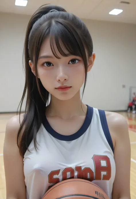Japanese woman with technical writing,黒い髪,ponytail from the front,basketball uniform,gymnasium,Cute Smiles,Highest Quality,masterpiece,Anatomically Accurate Body,high resolution、bust up shot,erectile nipples、hidden nipples、