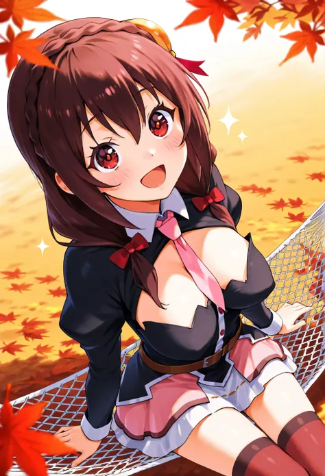 Yunyun konosuba,,smile,(Open His Mouth)、blush、autumn leaves、Shade、hammockにsitting、outside、hammock、 Highest Quality、smile、Sparkling、☆、sitting、autumn leavesが舞ってる、Lodge、Looking up、I'm moved