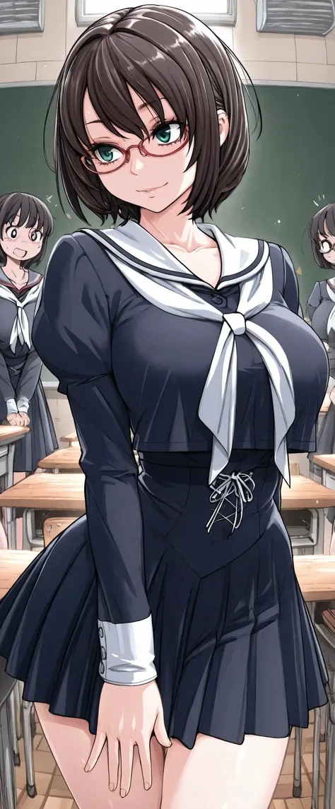 high resolution, Adult Woman , Good Lighting, classrooms, (((school uniform)), , Abdominal area only, cute faces getting creampied, , (thin waist)((short hair,Dark Haired)),Glasses,cute pose