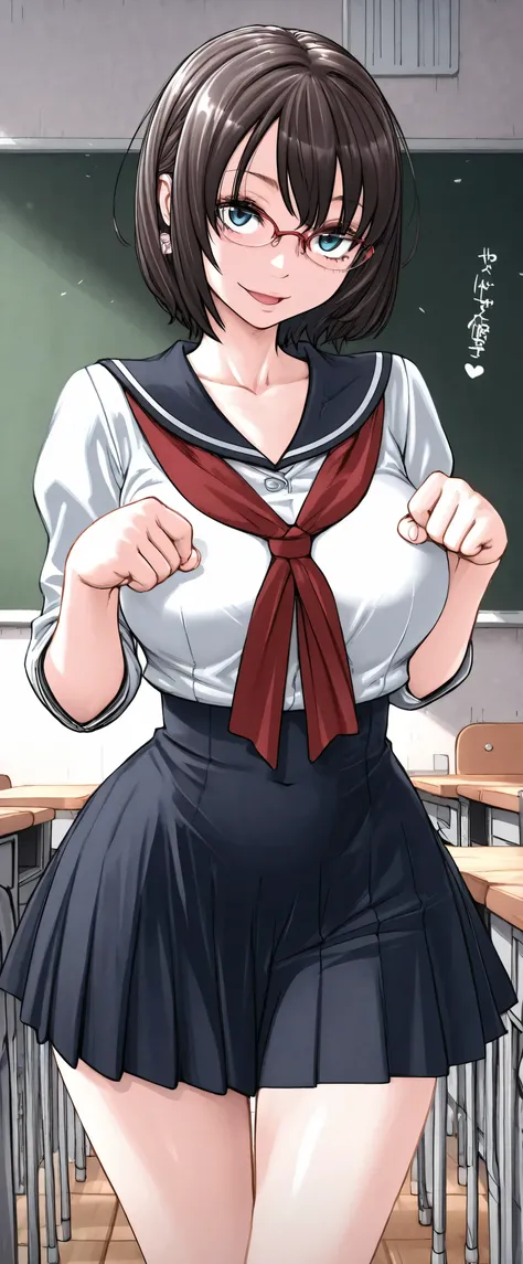 high resolution, Adult Woman , Good Lighting, classrooms, (((school uniform)), , Abdominal area only, cute faces getting creampied, , (thin waist)((short hair,Dark Haired)),Glasses,cute pose