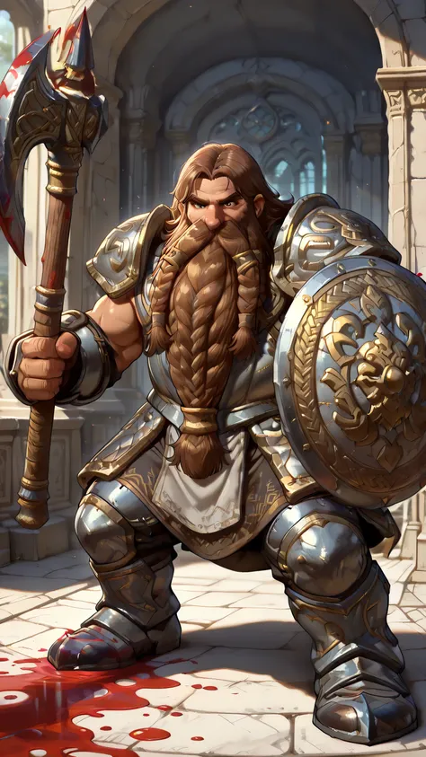 masterpiece, ultra-detailed, best quality, (1boy, male dwarf, dark brown eyes, determined expression, muscular build, battle-scarred, weathered face, brown hair, facial hair, exquisite long braided beard, very long beard, (ornate dwarven plate armor splatt...