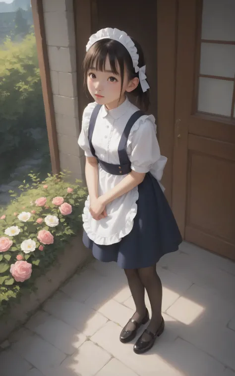 1 Girl Who Destroys the Heavens、maids,Look at the audience,(skinny:0.68),(younger:1.12),from above,lean forward,(big boobs:-0.03),is watering flowers outside the mansion,japanese,(smile Yang:0.06),black lace stockings