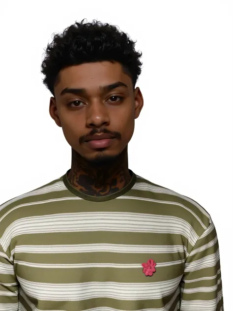 A young individual with curly, dark hair is dressed in a striped long-sleeve shirt. The shirt features alternating horizontal stripes in muted olive green and white, creating a casual yet stylish appearance. On the left side of the chest, a small embroider...