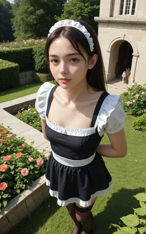 1 Girl Who Destroys the Heavens、maids,Look at the audience,(skinny:0.64),(younger:0.60),from above,lean forward,(big boobs:-0.38),is watering flowers outside the mansion,japanese,(smile Yang:0.24),black lace stockings