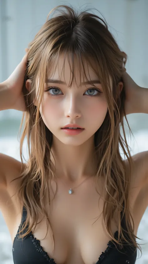 Ultra realistic,  pale ,  soft , diffuse lighting. she has a small nose, High cheekbones,  , sparkling blue eyes surrounded by 、 emphasizes every detail of her face  ,  wet blonde hair slightly attached to her face and shoulders , Wet look .   high-resolut...