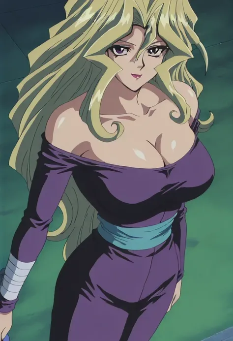 傑作、best quality、best resolution、best image quality、amazing quality、 very aesthetic、 absurdres、anime coloring、anime screencap、anime screenshot、1woman 、 Mai Valentine (character) 、solo 、blonde hair 、long hair 、purple eyes 、hair between eyes 、lipstick 、very l...