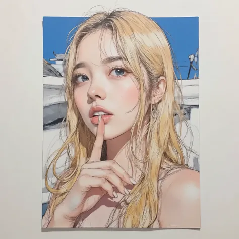 vivid, very detailed, award-winning illustration, Professional. womanhood, 右手を顎につけて星空を見ているwomanhood, Keep your eyes on 、is looking up、Chin up、((portrait painting))、sketch style、Blonde Long Sauvage Hair、Blue-eyed Gothic Lolita, provocative, womanhoodのポートレート...