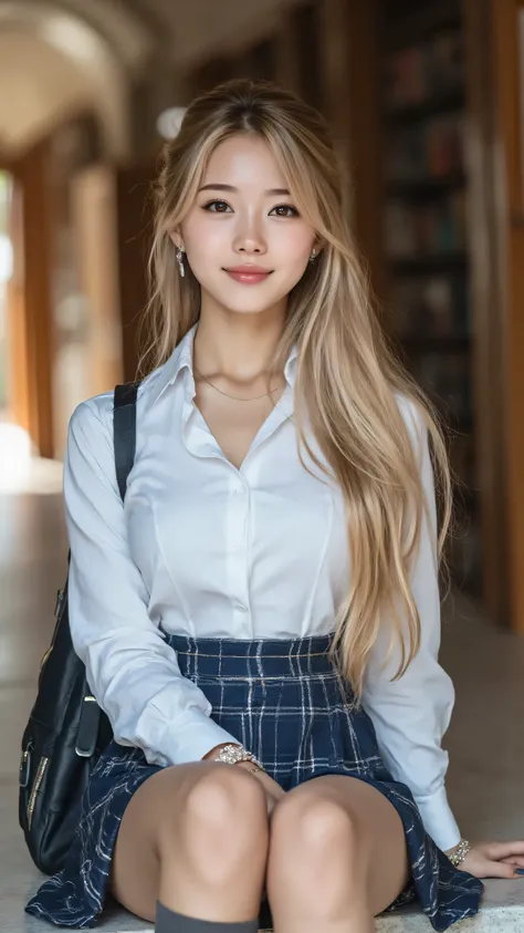 A breathtaking photograph crafted by a professional photographer in photomaker style, presented in flawless 8k HD quality, showcasing a lone 18-year-old schoolgirl, an idol-like figure with a happy, radiant smile, designed for an AV actress package photo. ...