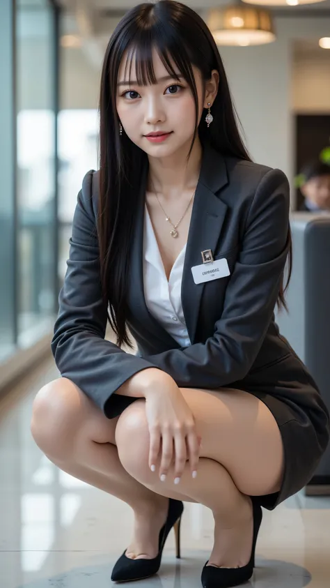 highest quality, sleek long black hair, professional office lady with long black hair, dynamic squat pose, detailed eyes and skin texture, studio lighting, 30 years old, black eyes, graceful, moderate chest, plump lips, earrings, necklace, charcoal tight s...