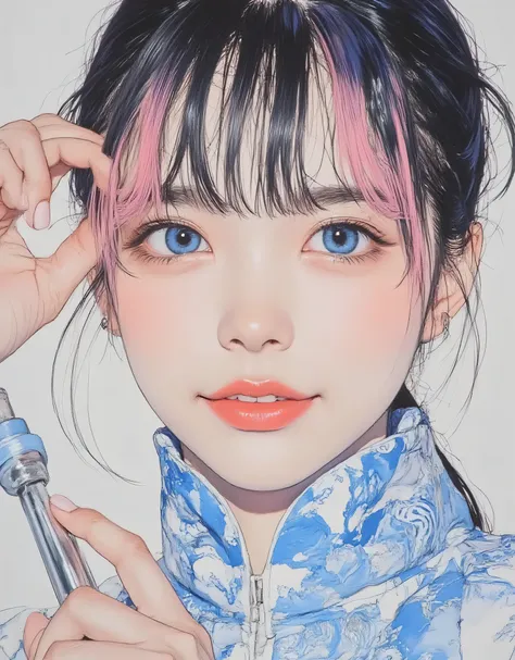 vivid, very detailed, Award-Winning Illustrations, Professional. Smiling Woman, ((口を開けて笑っているbeautiful女性:1.6))、portrait、Face Focus、sketch style、pink and blue gradient hair、pastel blue eyes、in a Chinese dress, provocative,  beautiful, Fantasy shot with Nikon...