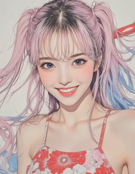 vivid, very detailed, Award-Winning Illustrations, Professional. Smiling Woman, ((口を開けて笑っているbeautiful女性:1.6))、portrait、Face Focus、sketch style、pink and blue gradient hair、pastel blue eyes、in a Chinese dress, provocative,  beautiful, Fantasy shot with Nikon...