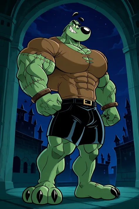 Masterpiece, best quality, high quality, detailed, Dudley Puppy (T.U.F.F Puppy), green giant strong muscular frankenstein monster, stitches on the body and pecs and arms and his legs and his face and neck, bigger scars, veins, ginormous biceps, enormous pe...