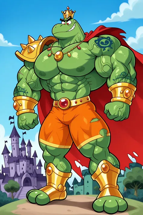 A green giant cartoon 2d frog king, gigantic chin, biggest muscular body, ginomous biceps enormous pectorals, detailed abs, golden armor with colorful jewels, golden bracelets with colorful jewels, golden necklaces with colorful jewels, golden chest with c...