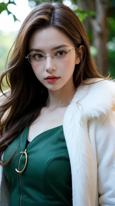 Evergreen from Fairy Tail, half-body portrait, ultra-realistic and super detailed, elegant and confident expression, long wavy brown hair, emerald green eyes behind stylish oval glasses, wearing her iconic green dress with gold accents and white fur trim, ...