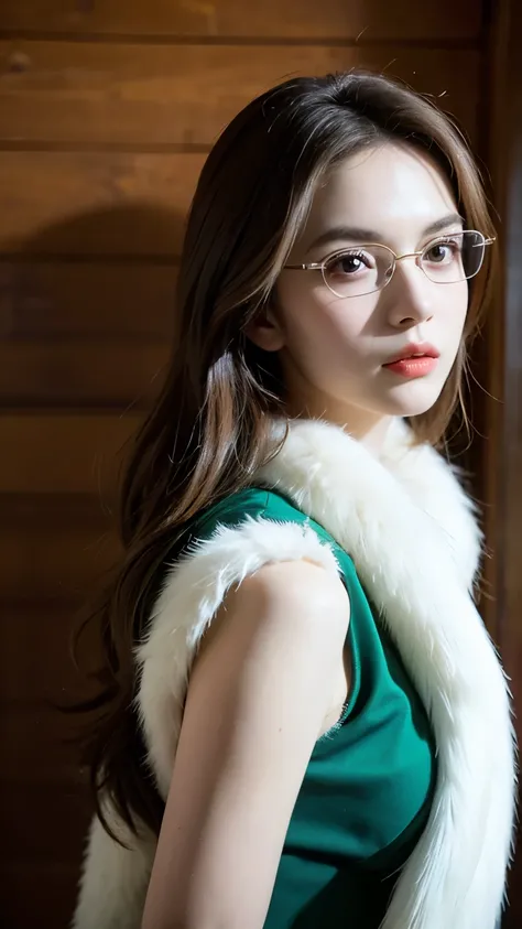 Evergreen from Fairy Tail, half-body portrait, ultra-realistic and super detailed, elegant and confident expression, long wavy brown hair, emerald green eyes behind stylish oval glasses, wearing her iconic green dress with gold accents and white fur trim, ...