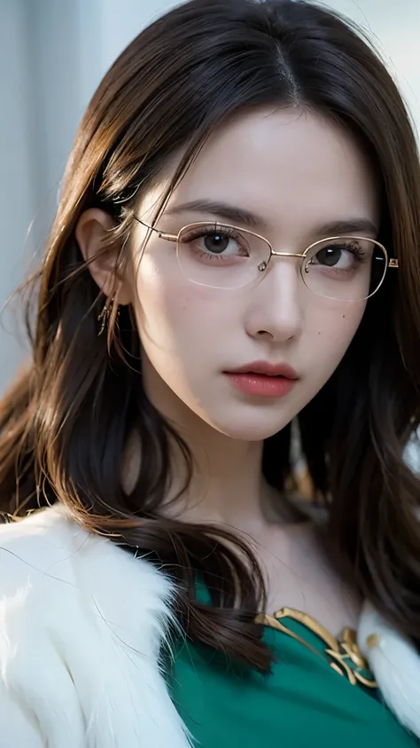 Evergreen from Fairy Tail, half-body portrait, ultra-realistic and super detailed, elegant and confident expression, long wavy brown hair, emerald green eyes behind stylish oval glasses, wearing her iconic green dress with gold accents and white fur trim, ...