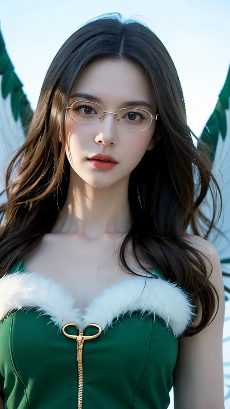 Evergreen from Fairy Tail, half-body portrait, ultra-realistic and super detailed, elegant and confident expression, long wavy brown hair, emerald green eyes behind stylish oval glasses, wearing her iconic green dress with gold accents and white fur trim, ...