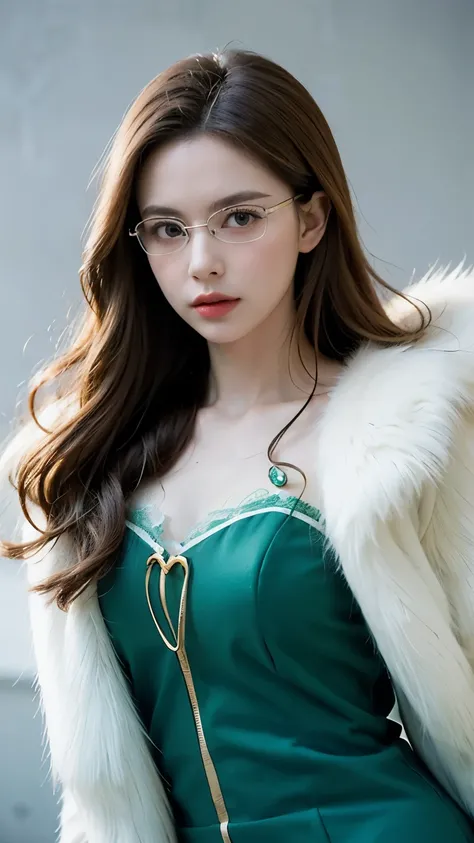 Evergreen from Fairy Tail, half-body portrait, ultra-realistic and super detailed, elegant and confident expression, long wavy brown hair, emerald green eyes behind stylish oval glasses, wearing her iconic green dress with gold accents and white fur trim, ...