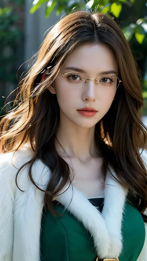 Evergreen from Fairy Tail, half-body portrait, ultra-realistic and super detailed, elegant and confident expression, long wavy brown hair, emerald green eyes behind stylish oval glasses, wearing her iconic green dress with gold accents and white fur trim, ...