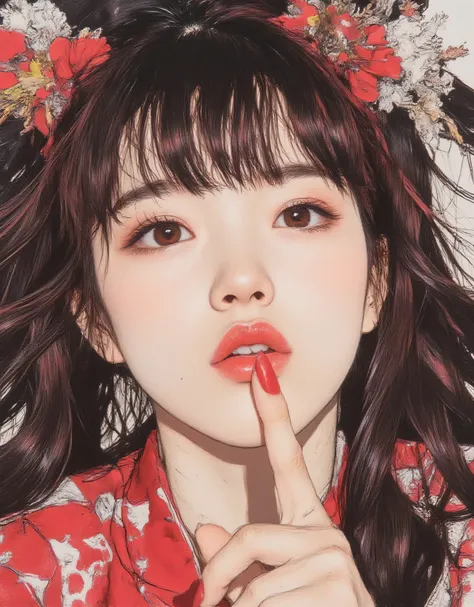 vivid, very detailed, Award-Winning Illustrations, Professional.  woman with closed eyes , ((Close your eyes and stick your lips out like you're kissing:1.6))、portrait、Face Focus、sketch style、red gradient hair、 Wine-Red Eyes、in a Chinese dress, provocative...