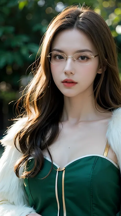 Evergreen from Fairy Tail, half-body portrait, ultra-realistic and super detailed, elegant and confident expression, long wavy brown hair, emerald green eyes behind stylish oval glasses, wearing her iconic green dress with gold accents and white fur trim, ...