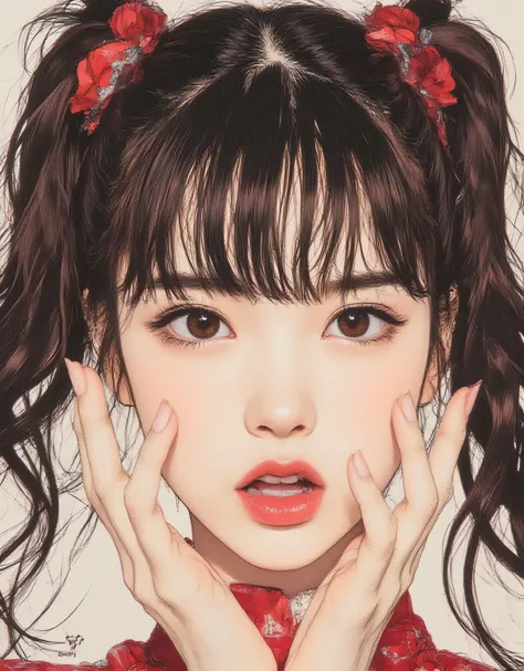 vivid, very detailed, Award-Winning Illustrations, Professional.  woman with closed eyes , ((Close your eyes and stick your lips out like you're kissing:1.6))、twin tails、portrait、Face Focus、Anatomically Accurate、sketch style、red gradient hair、 Wine-Red Eye...