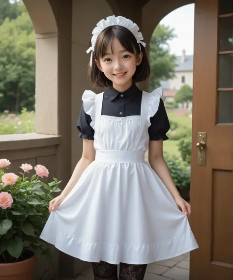 1 younger可愛い日本人の女の子,(big boobs:0.41),maids,black lace stockings,Look at the audience,(skinny:0.72),(smile:0.96),is watering flowers outside the mansion,(younger:0.98),from above