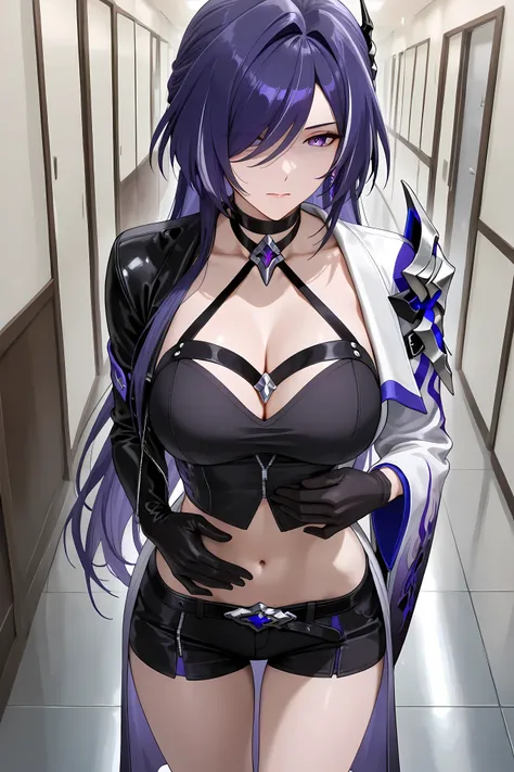 acheron, purple hair, purple eyes, streaked hair, hair intakes, hair over one eye, long hair, multicolored hair, mature female, ,gloves, long sleeves, navel, cleavage, shorts, choker, black gloves, elbow gloves, midriff,,
Solo, general, masterpiece, highr...