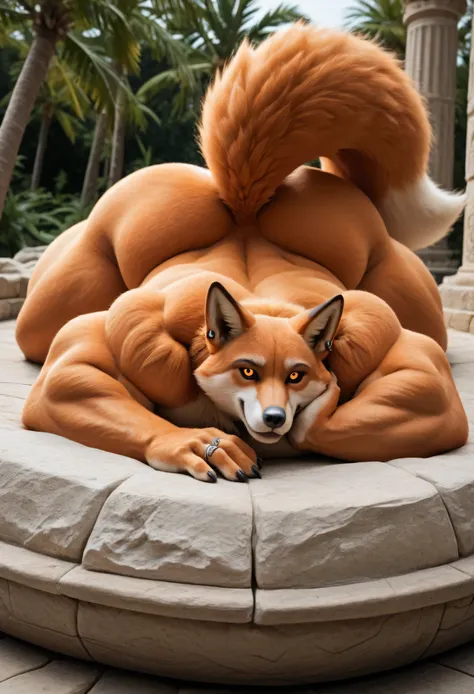 score _9, score _8_Up, score _7_Up, masterpiece, best quality, amazing quality, high quality, RAW photo, semi realistic, full body, Anatomically Correct. (furry), (1boy), (Huge Adult Male muscular bara Vulpine Fennix from Fortnite), (Orange and White Fur b...