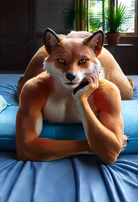 score _9, score _8_Up, score _7_Up, masterpiece, best quality, amazing quality, high quality, RAW photo, semi realistic, full body, Anatomically Correct. (furry:2), (1boy:2), (Huge Adult Male muscular bara Vulpine Fennix from Fortnite:1), (Orange and White...