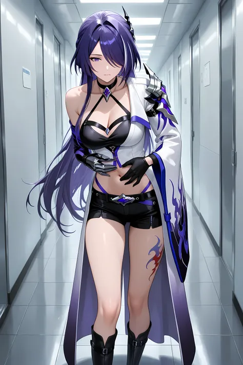 acheron, purple hair, purple eyes, streaked hair, hair intakes, hair over one eye, long hair, multicolored hair, mature female, ,gloves, lnavel, cleavage, shorts, choker, black gloves, elbow gloves, midriff,
leg tattoo, midriff, black gloves, hair orname...