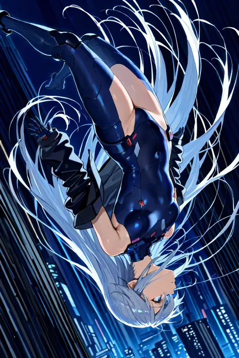 masterpiece, high resolution, an anime girl, armored girl, cute face, detailed face, very long hair, white hair, blue eyes, from below, low angle, from side, profile, skydiving, upside-down, dynamic angle, dynamic action, ((falling down a skyscraper)), fly...