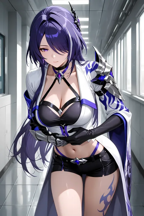 acheron, purple hair, purple eyes, streaked hair, hair intakes, hair over one eye, long hair, multicolored hair, mature female, ,gloves, lnavel, cleavage, shorts, choker, black gloves, elbow gloves, midriff,
leg tattoo, midriff, black gloves, hair orname...