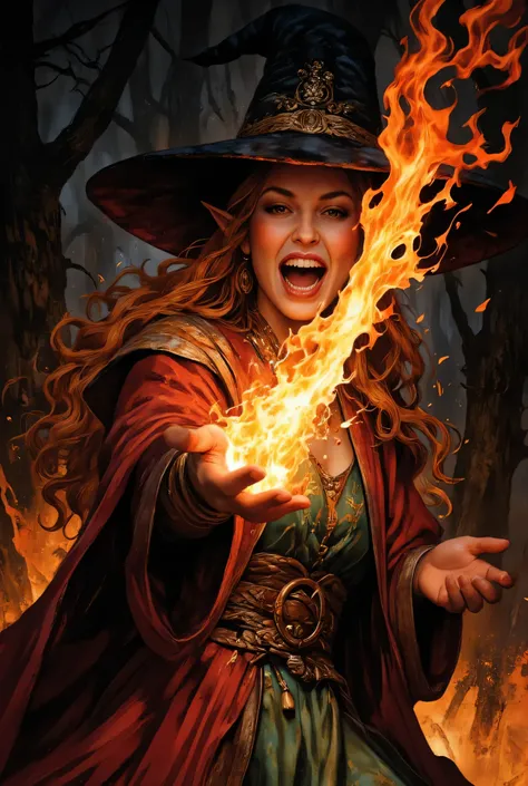 Magical makeup,A powerful, elven mage woman, approximately 30 years old, with striking features and olive skin,(( expels vibrant orange flames in a concentrated cone from her outstretched hand)). Her wide, crazed grin reveals sharp teeth, her eyes gleamin...