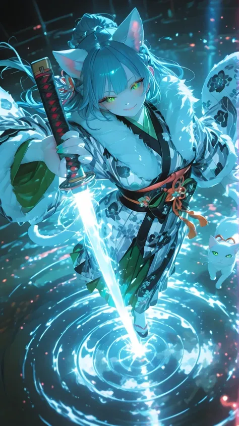 (long blue hair),half up braid、 Green Slit Eyes, White cat ears, nail,White Fur Clothes,yagasuri kimono、wa lolita、Floating,so beautiful,, semi-real , Newest,balancing , Battle Action,High Angle,shiny skin,beautiful light reflecting through the lens、
Demoni...