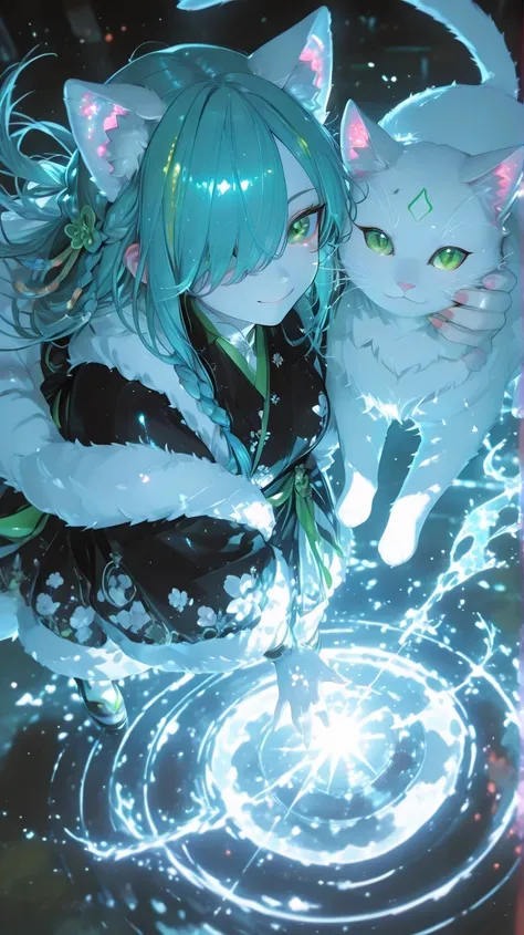 (grabbing another's face)、( long blue hair),Half Up Braids、 long green eyes, hair over one eye、 White cat ears, nail,White Fur Clothes, Yaguri Kimono、Wow Lolita、Floating,so beautiful,, Halimichimi , Newest,balancing , Battle Action,High Angle,shiny skin,Be...
