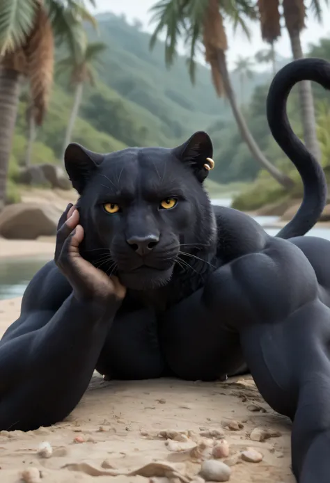 score _9, score _8_Up, score _7_Up, masterpiece, best quality, amazing quality, high quality, RAW photo, semi realistic, full body. (furry), (1boy), Huge Adult Male muscular bara Feline Black Panther, (Black Fur Body), Black Panther Fur, detail fur, Black ...