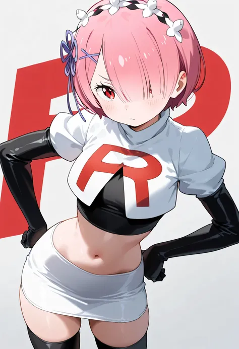 (masterpiece) ,best quality,incredible quality,very aesthetic,absurdconcernants,most recent, (concernant:zero), Team Rocket ,Team Rocket uniform,jupe blanche,concernantd letter R,haut court,bottes hautes noires jusqu'aux cuisses,gants de coude noirs, 1gi...