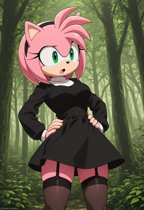un personnage de dessin animé tout de noir vêtu posant dans une zone forestière avec des arbres en arrière-plan, 1girl, velu, robe, Seul, velu female, yeux verts, black robe, bas montants, seins, mains sur les hanches, cheveux roses, jarretières, bandeau, ...