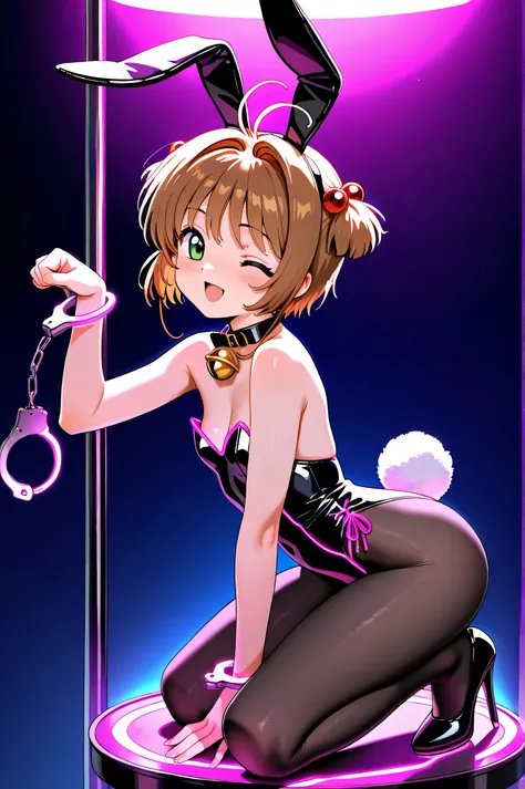 (masterpiece,best quality,incredible quality,very aesthetic,absurdres,most recent),1girl, kinomoto sakura, animal oreilles, One eye closed solo, cheveux bruns, cloche,pose de patte, cheveux courts, sourire, bouche ouverte, regardant le spectateur, robe ro...